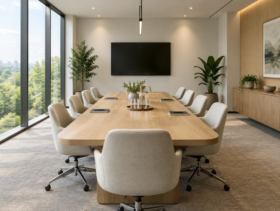 Bright conference room with a long table and chairs