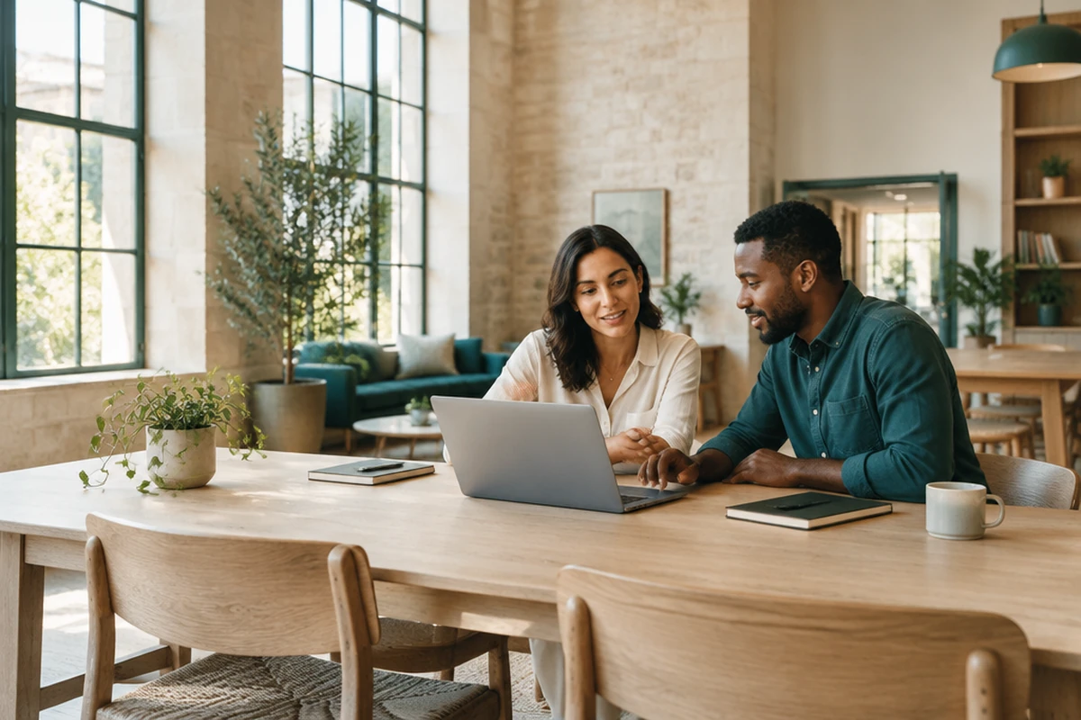 Two colleagues reviewing work together at a laptop