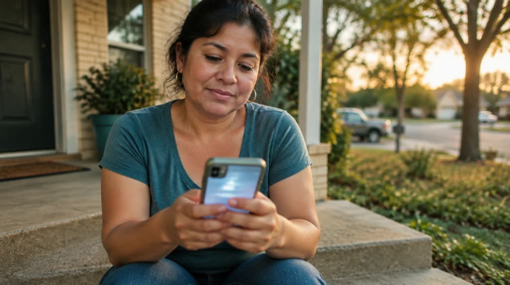 A resident sending a text message from her front steps