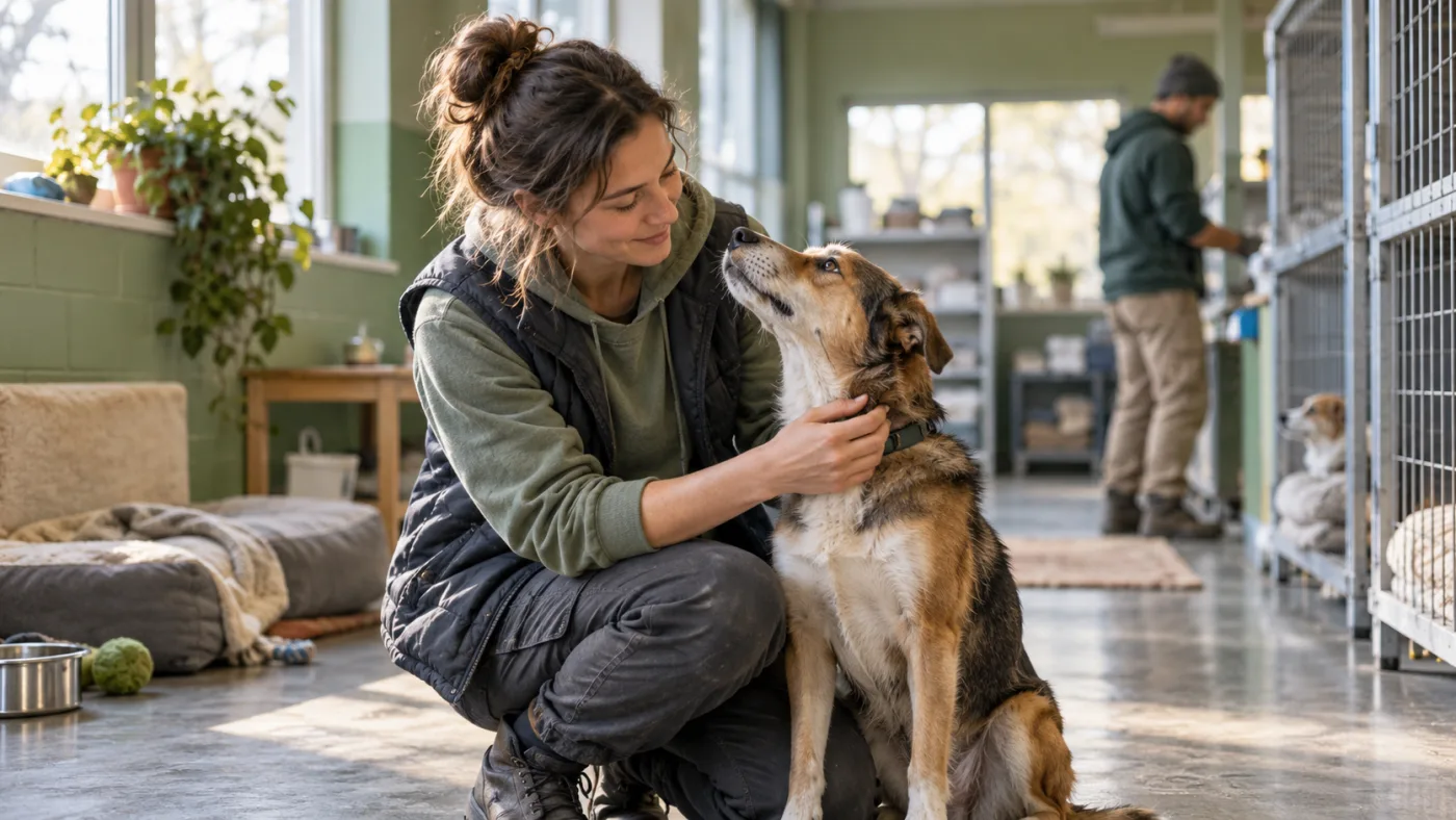 Animal rescue volunteer caring for a dog