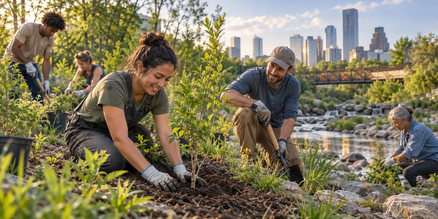 Volunteers planting trees in an urban neighborhood